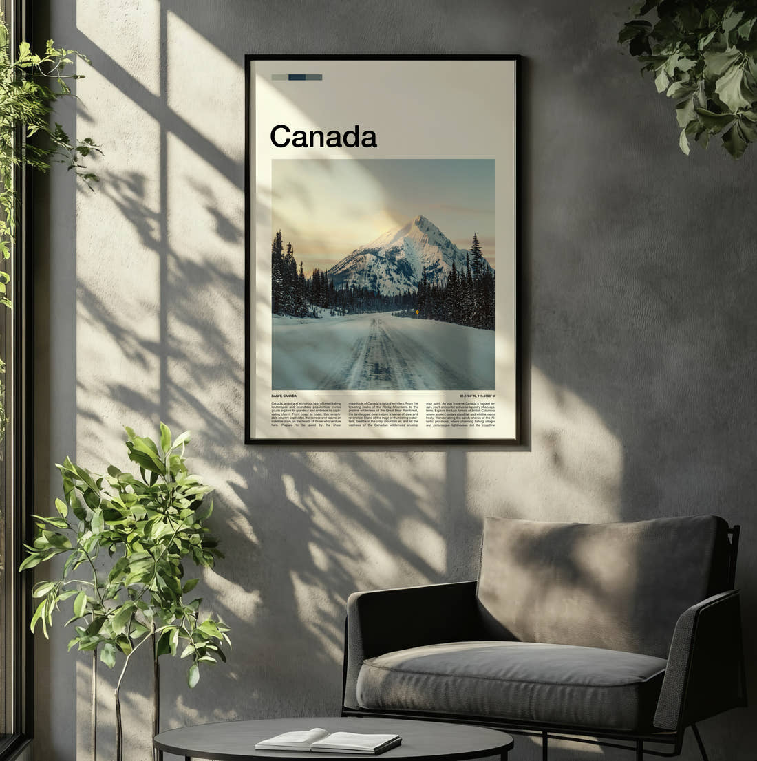 Canada Snowy Mountain Road Travel Print framed on the wall of a relaxed living room