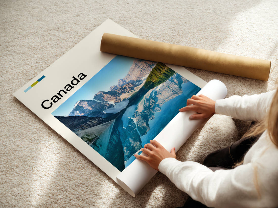 Canada Turquoise Lake Reflection Travel Print being unrolled from its postal tube
