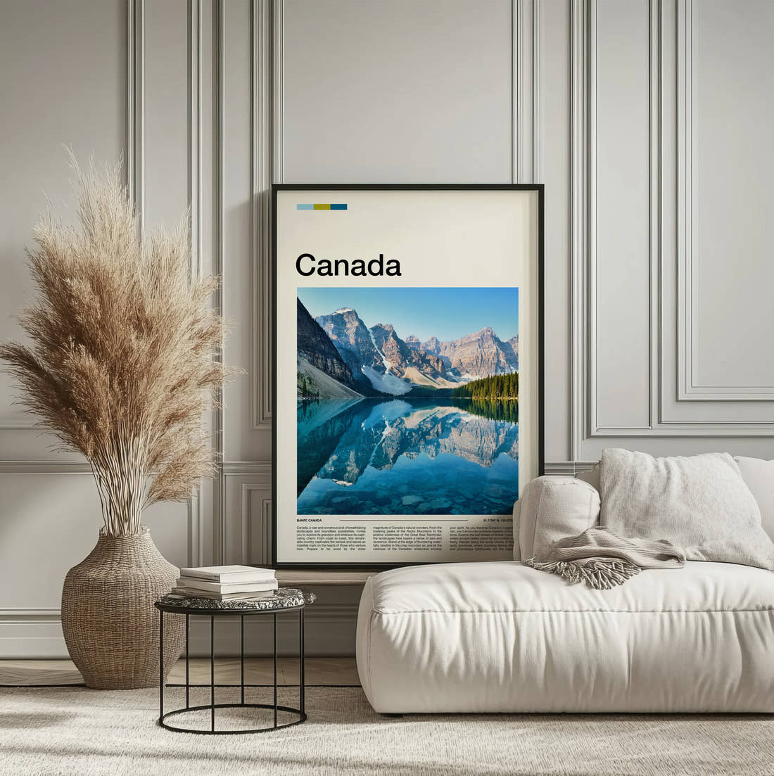 Canada Turquoise Lake Reflection Travel Print framed on the wall of a calm, neutral bedroom