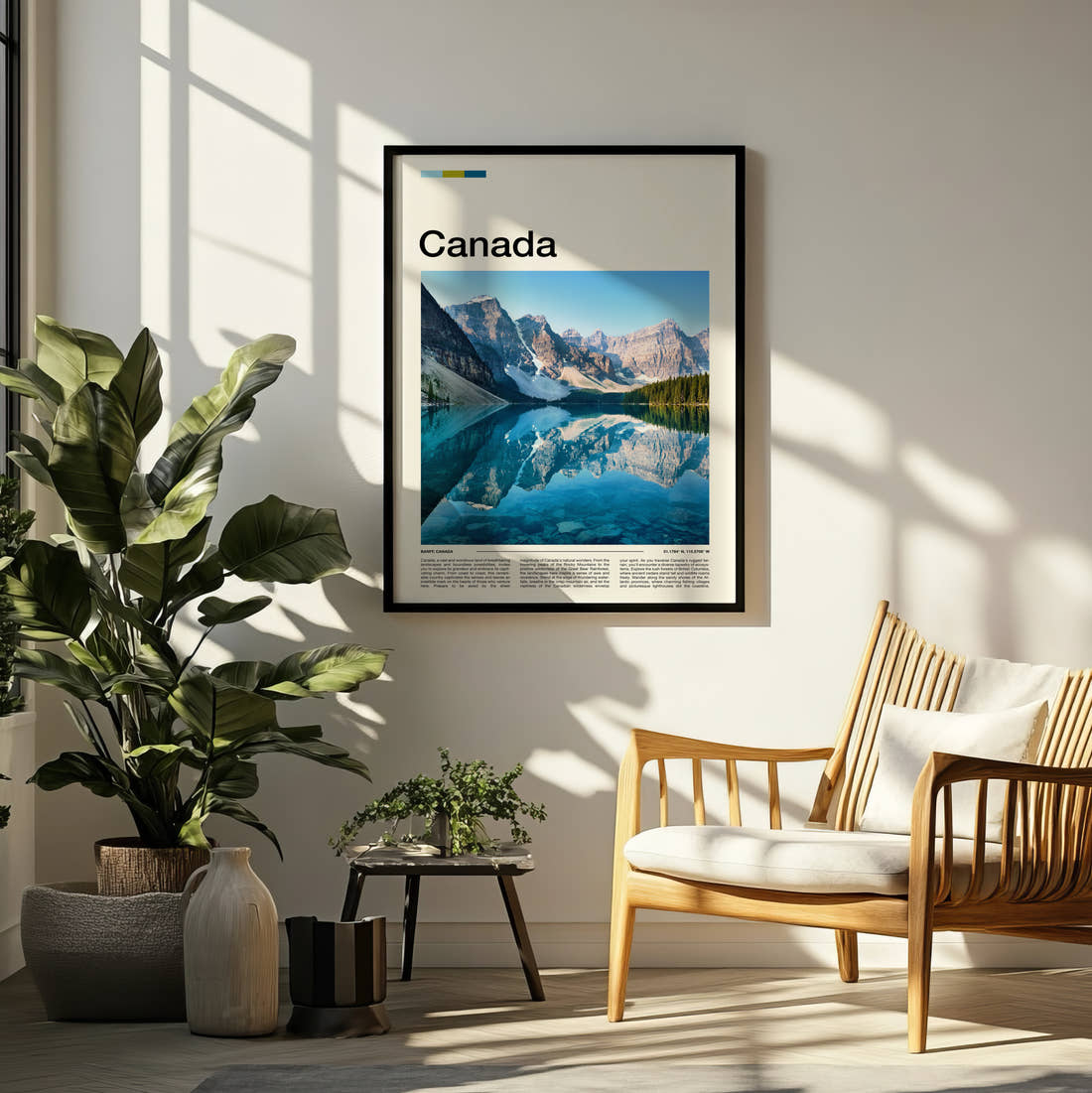 Canada Turquoise Lake Reflection Travel Print framed on a pale wall beside houseplants