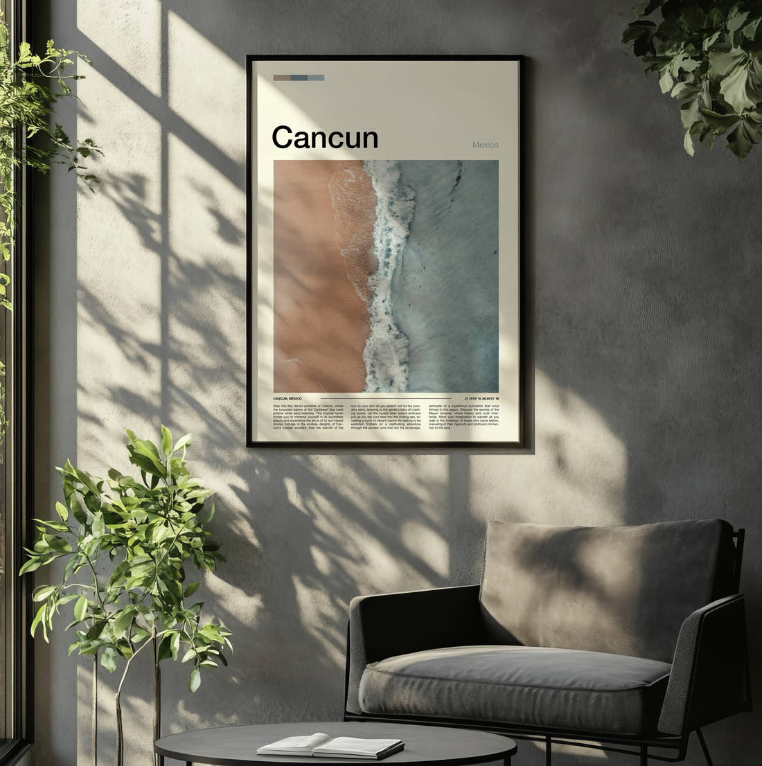 Cancun Aerial View Of Beach Travel Print framed on the wall of a relaxed living room