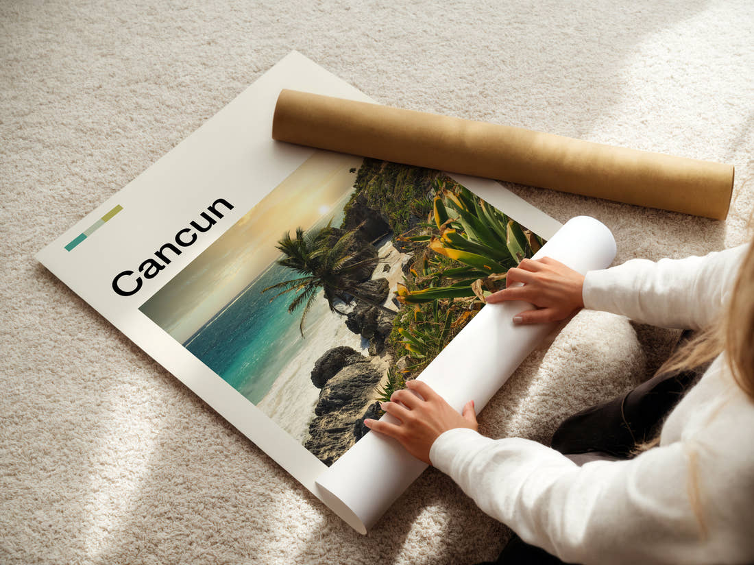 Cancun Palm Trees On Rocky Coast Travel Print being unrolled from its postal tube