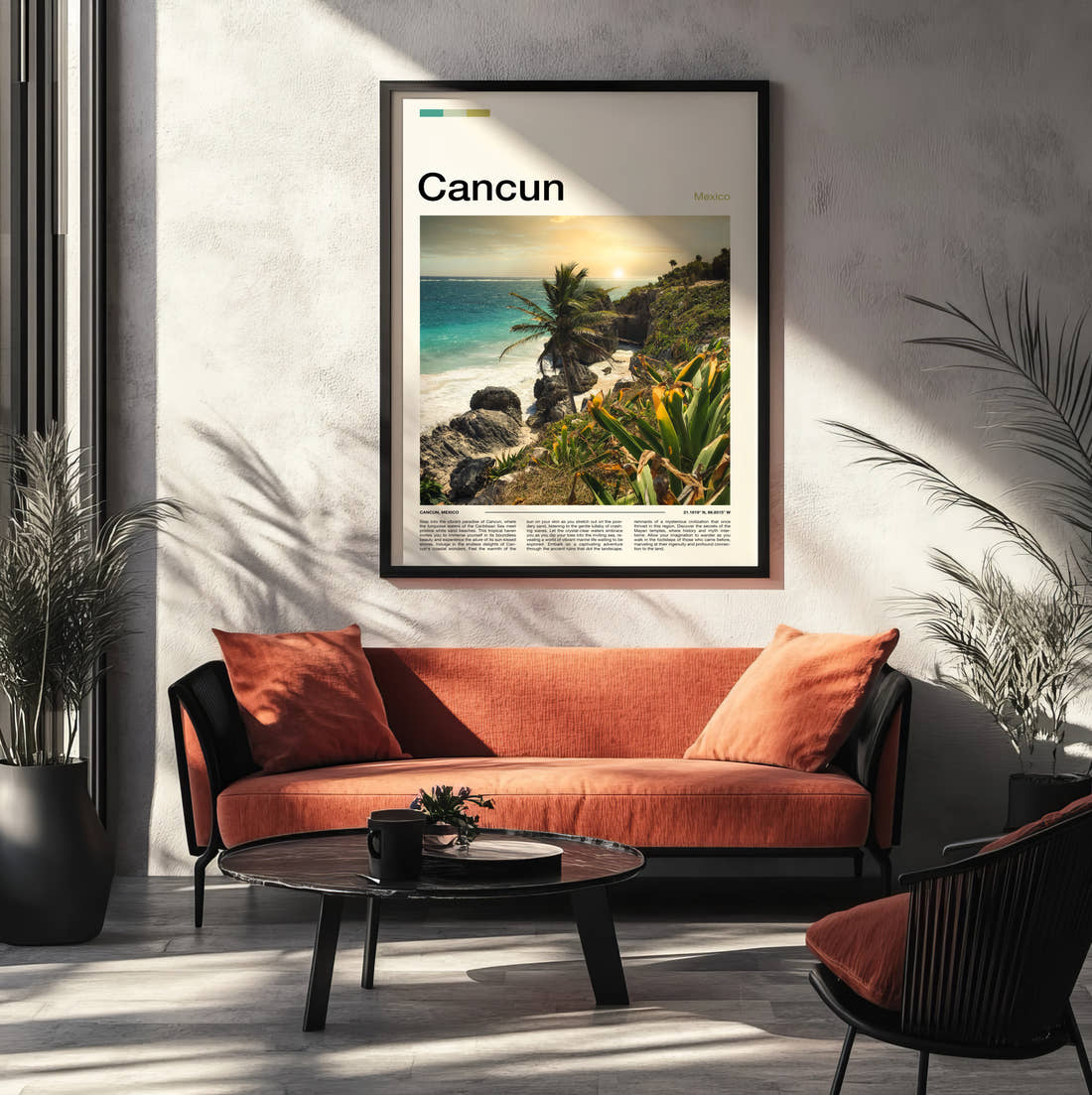 Cancun Palm Trees On Rocky Coast Travel Print framed on the wall of a modern living room