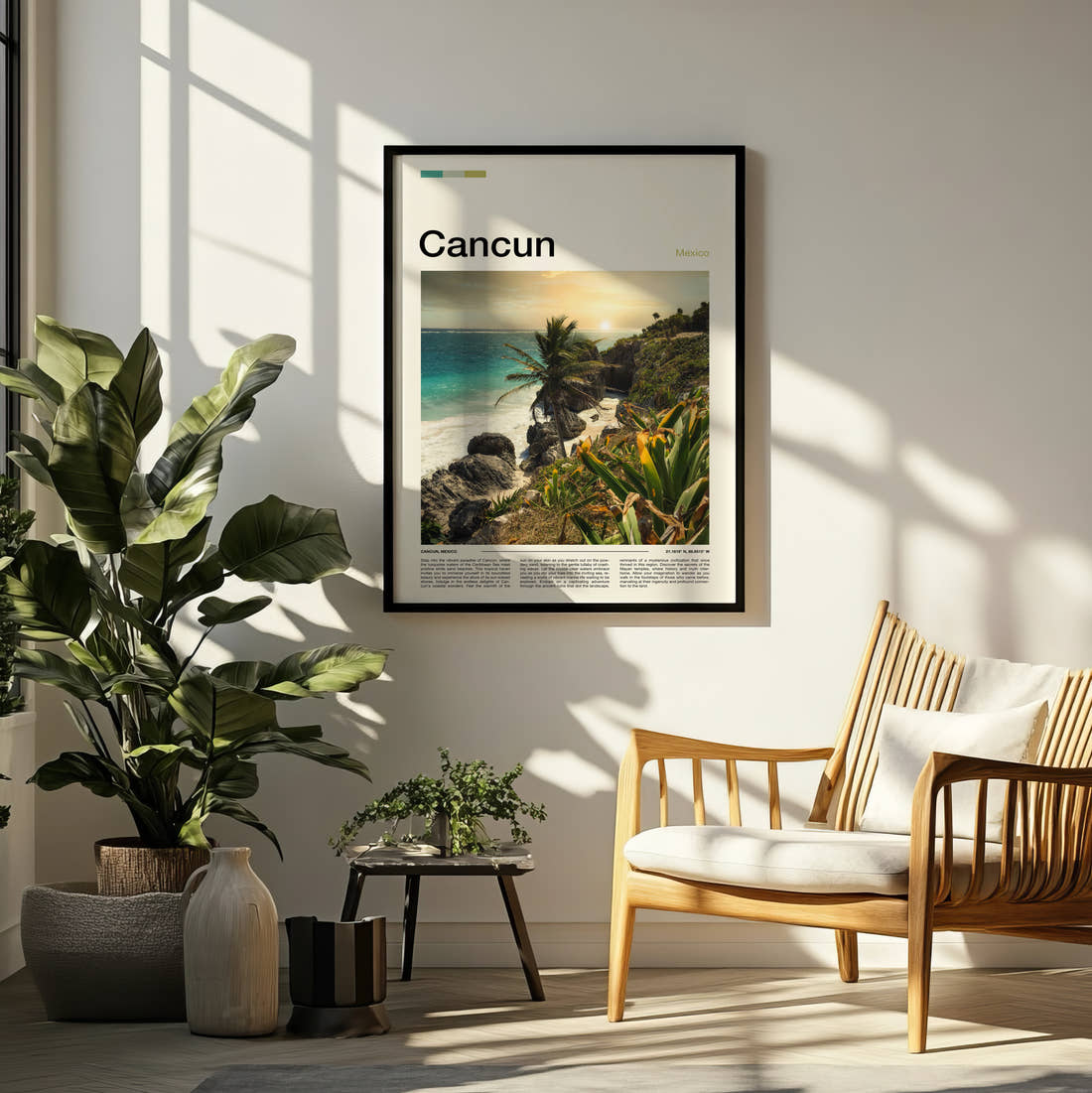 Cancun Palm Trees On Rocky Coast Travel Print framed on a pale wall beside houseplants