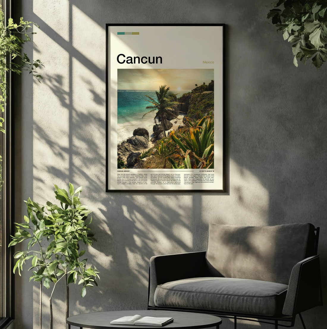 Cancun Palm Trees On Rocky Coast Travel Print framed on the wall of a relaxed living room