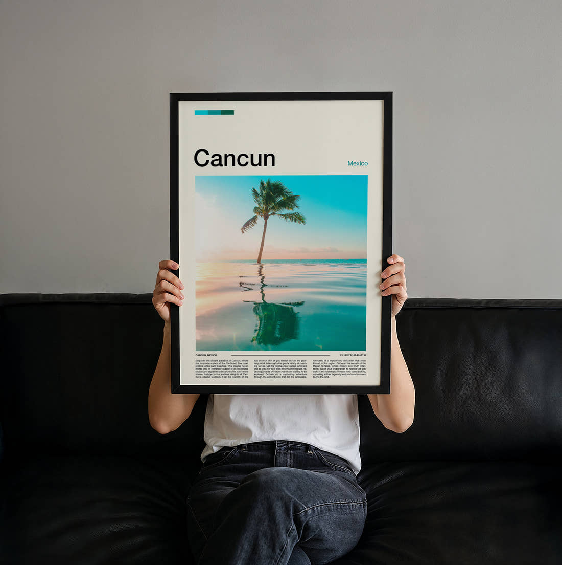 Cancun Palm Tree Reflection Travel Print held up by hand to show the size of the print