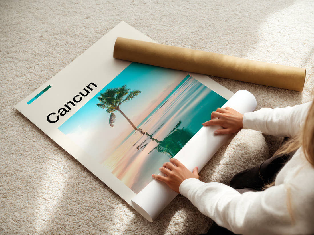 Cancun Palm Tree Reflection Travel Print being unrolled from its postal tube