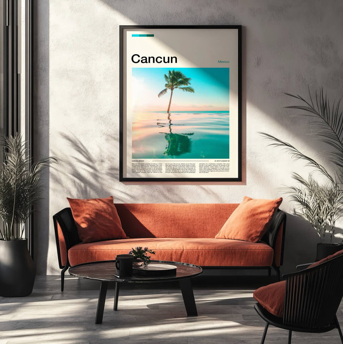 Cancun Palm Tree Reflection Travel Print framed on the wall of a modern living room