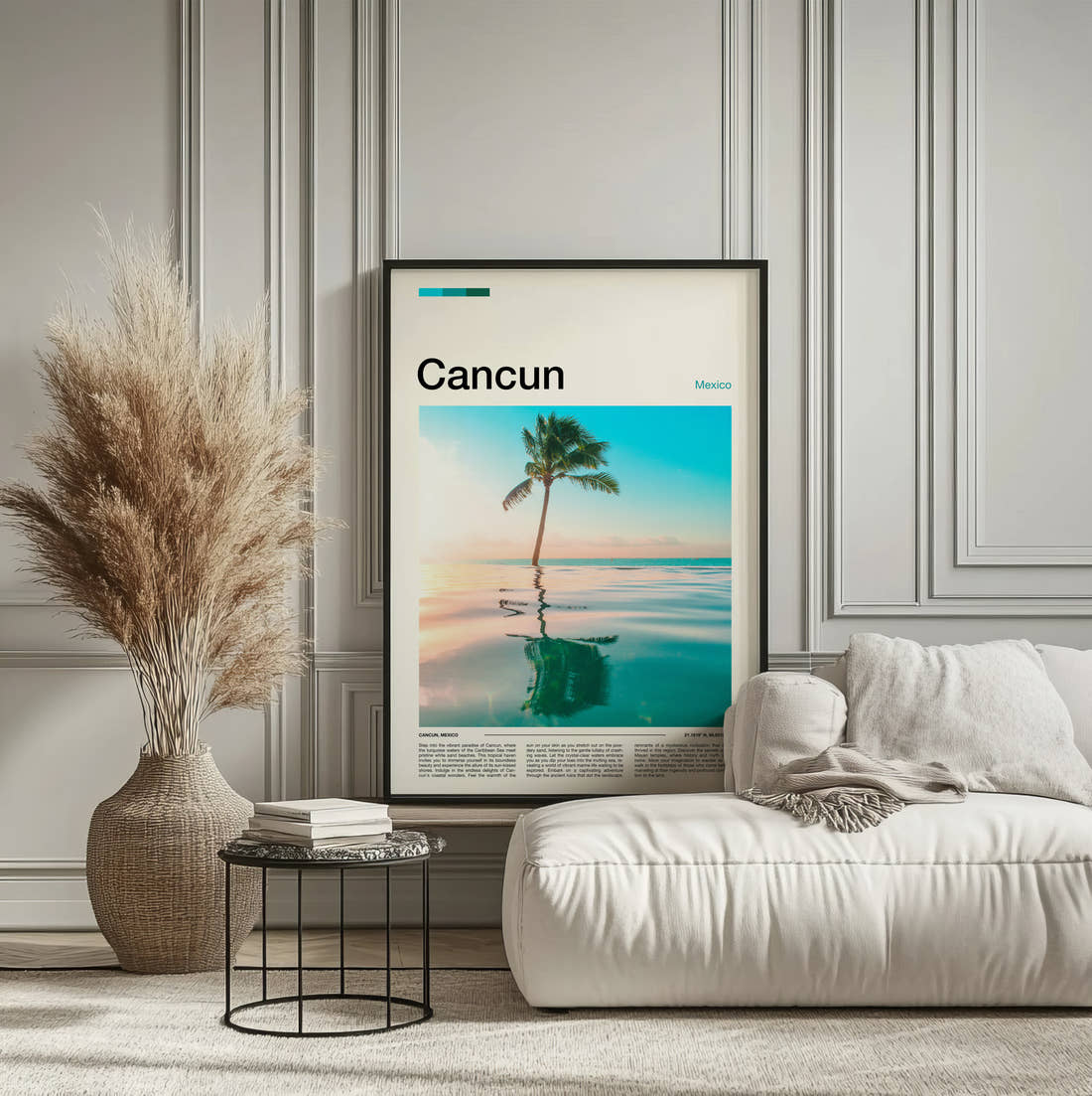 Cancun Palm Tree Reflection Travel Print framed on the wall of a calm, neutral bedroom