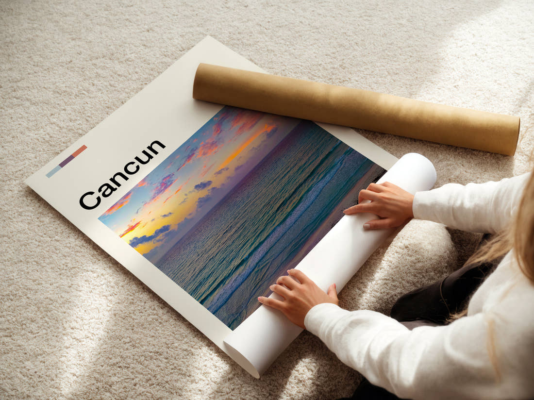 Cancun Purple Sunset Over The Sea Travel Print being unrolled from its postal tube