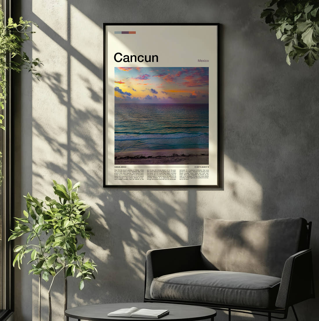 Cancun Purple Sunset Over The Sea Travel Print framed on the wall of a relaxed living room