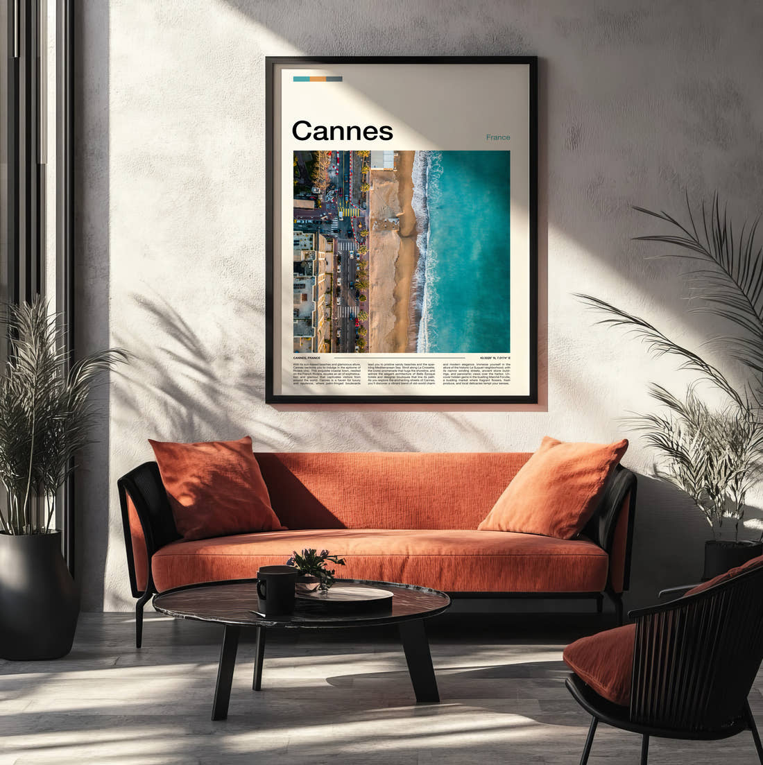 Cannes Aerial View Of Coastline Travel Print framed on the wall of a modern living room