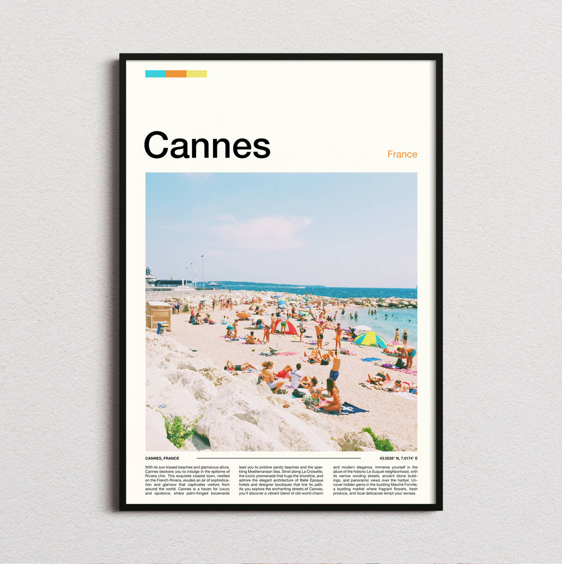 Cannes Crowded Beach Travel Print framed and photographed straight on