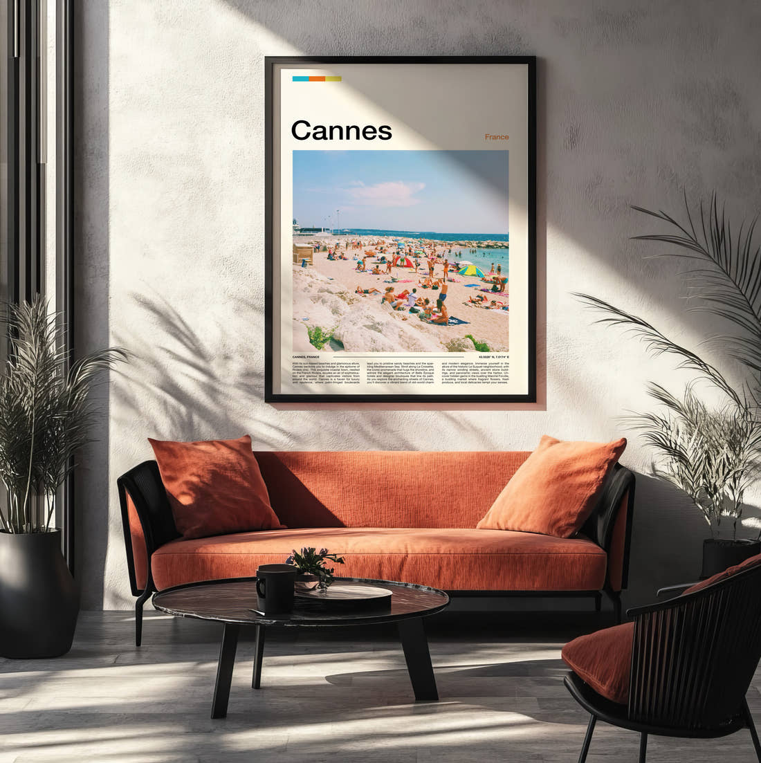 Cannes Crowded Beach Travel Print framed on the wall of a modern living room