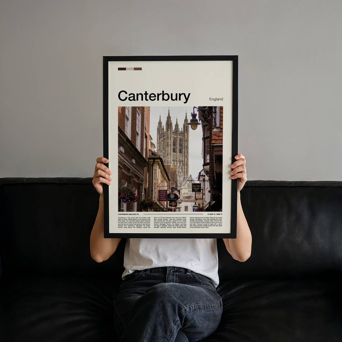 Canterbury Cathedral Street View Travel Print held up by hand to show the size of the print