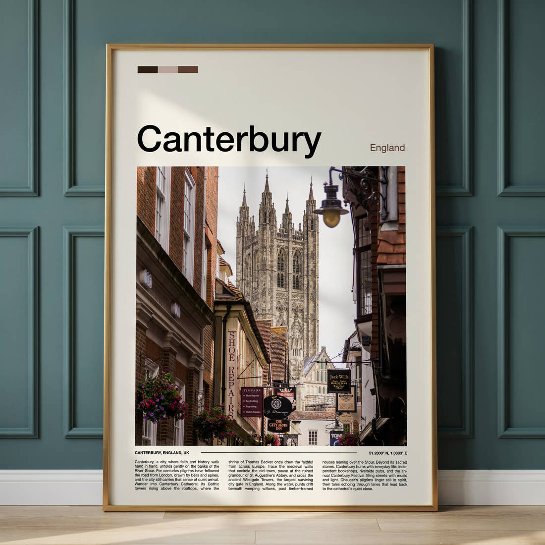 Canterbury Cathedral Street View Travel Print framed on the wall of a calm, neutral bedroom