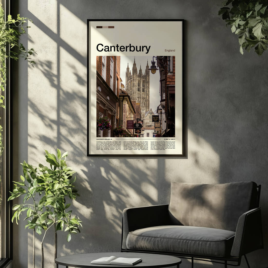 Canterbury Cathedral Street View Travel Print framed on the wall of a relaxed living room