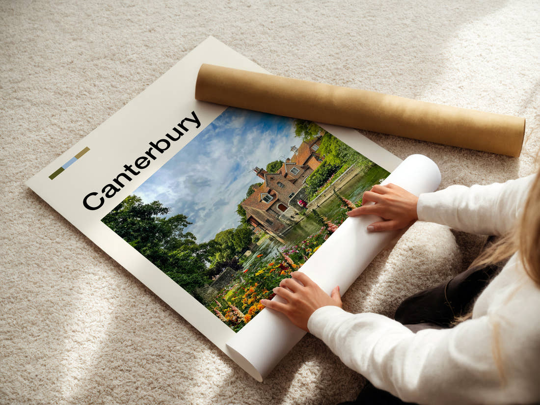 Canterbury Riverside Cottages And Blooms Travel Print being unrolled from its postal tube