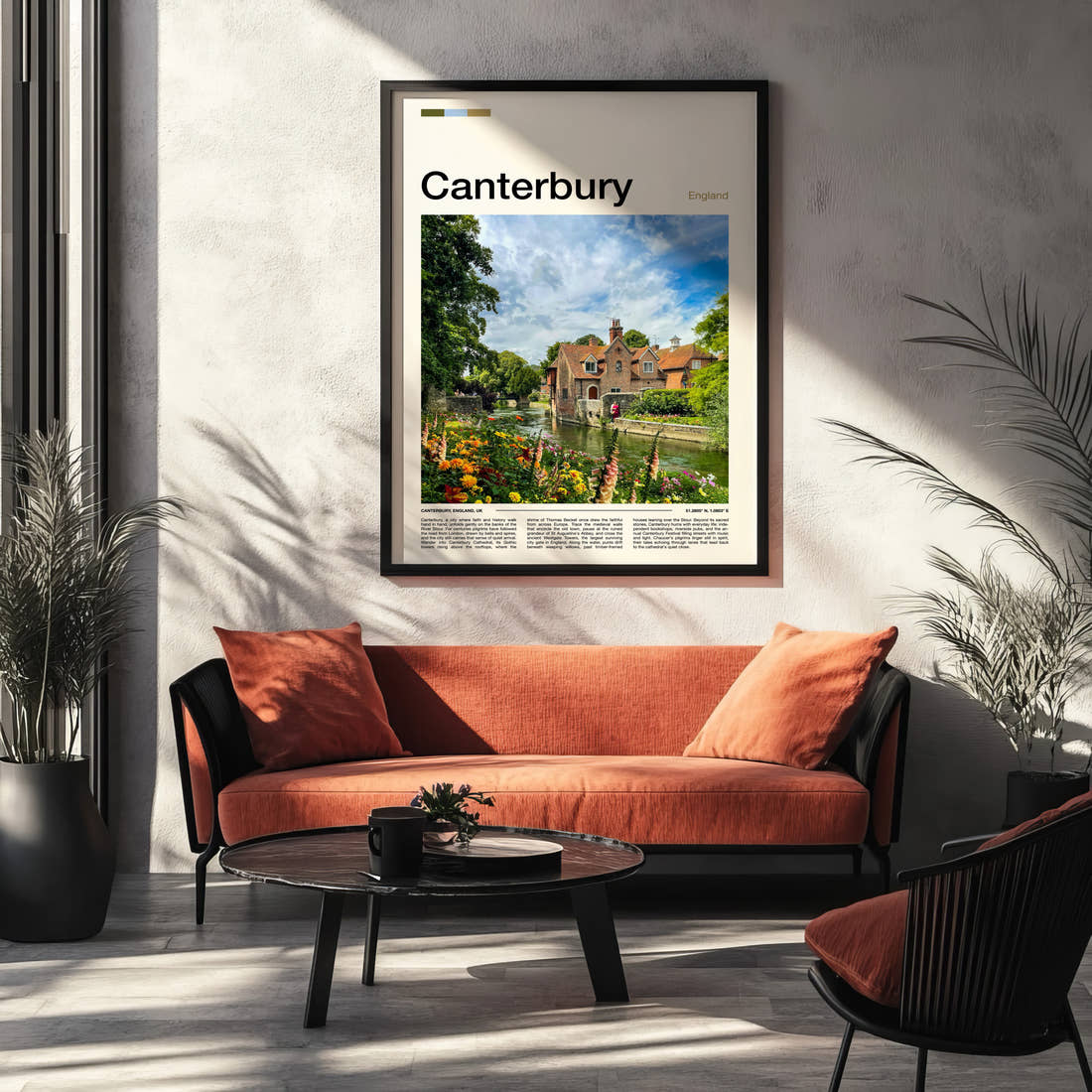Canterbury Riverside Cottages And Blooms Travel Print framed on the wall of a modern living room
