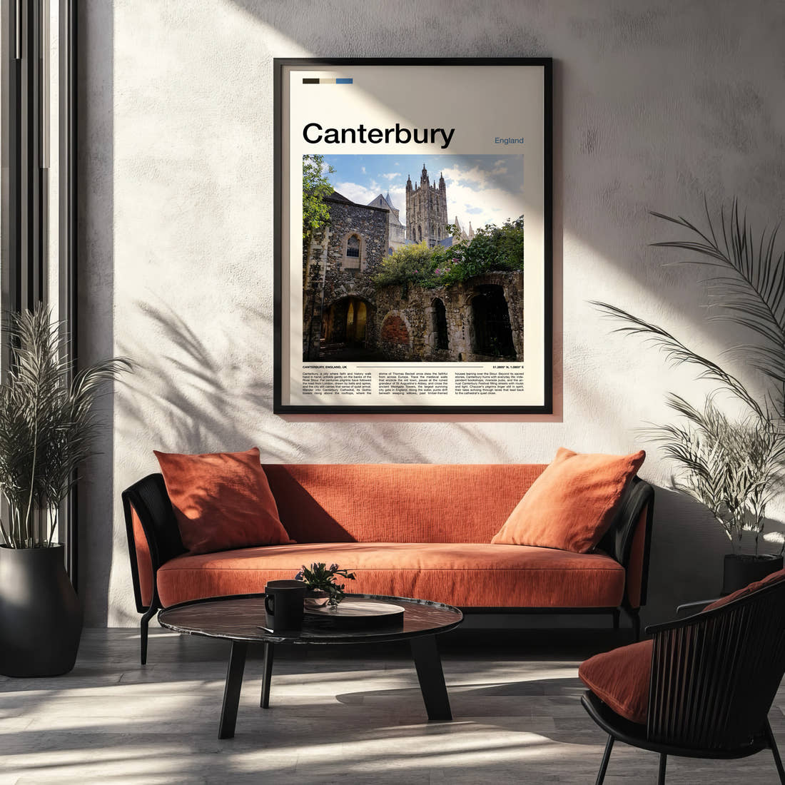 Canterbury Gothic Tower And Ruins Travel Print framed on the wall of a modern living room
