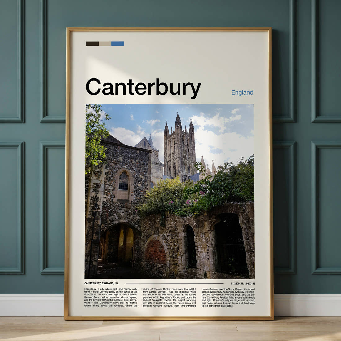 Canterbury Gothic Tower And Ruins Travel Print framed on the wall of a calm, neutral bedroom