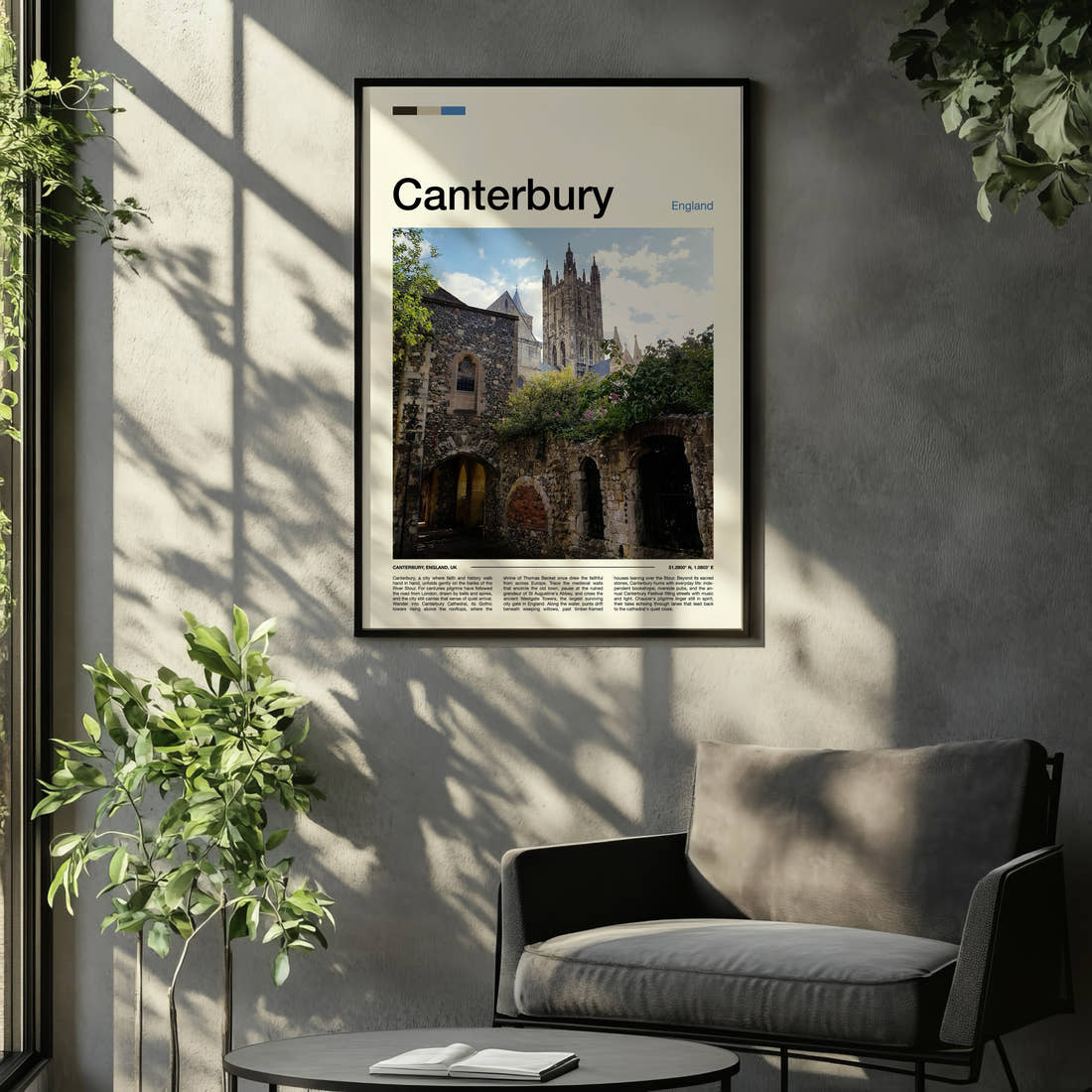 Canterbury Gothic Tower And Ruins Travel Print framed on the wall of a relaxed living room
