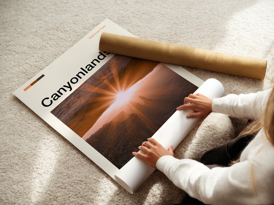 Canyonlands Sunrise Through The Arch Travel Print being unrolled from its postal tube