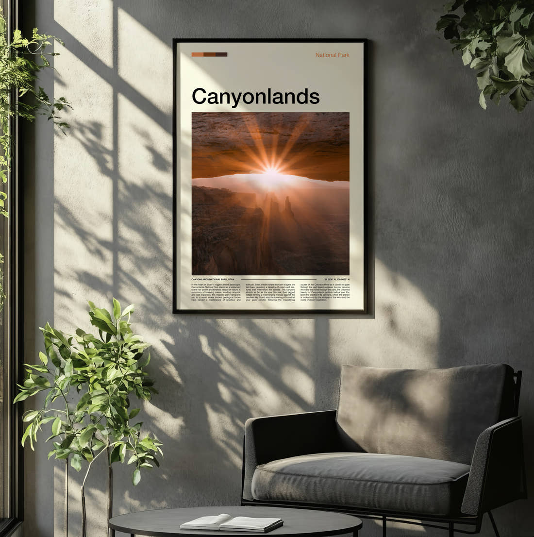 Canyonlands Sunrise Through The Arch Travel Print framed on the wall of a relaxed living room