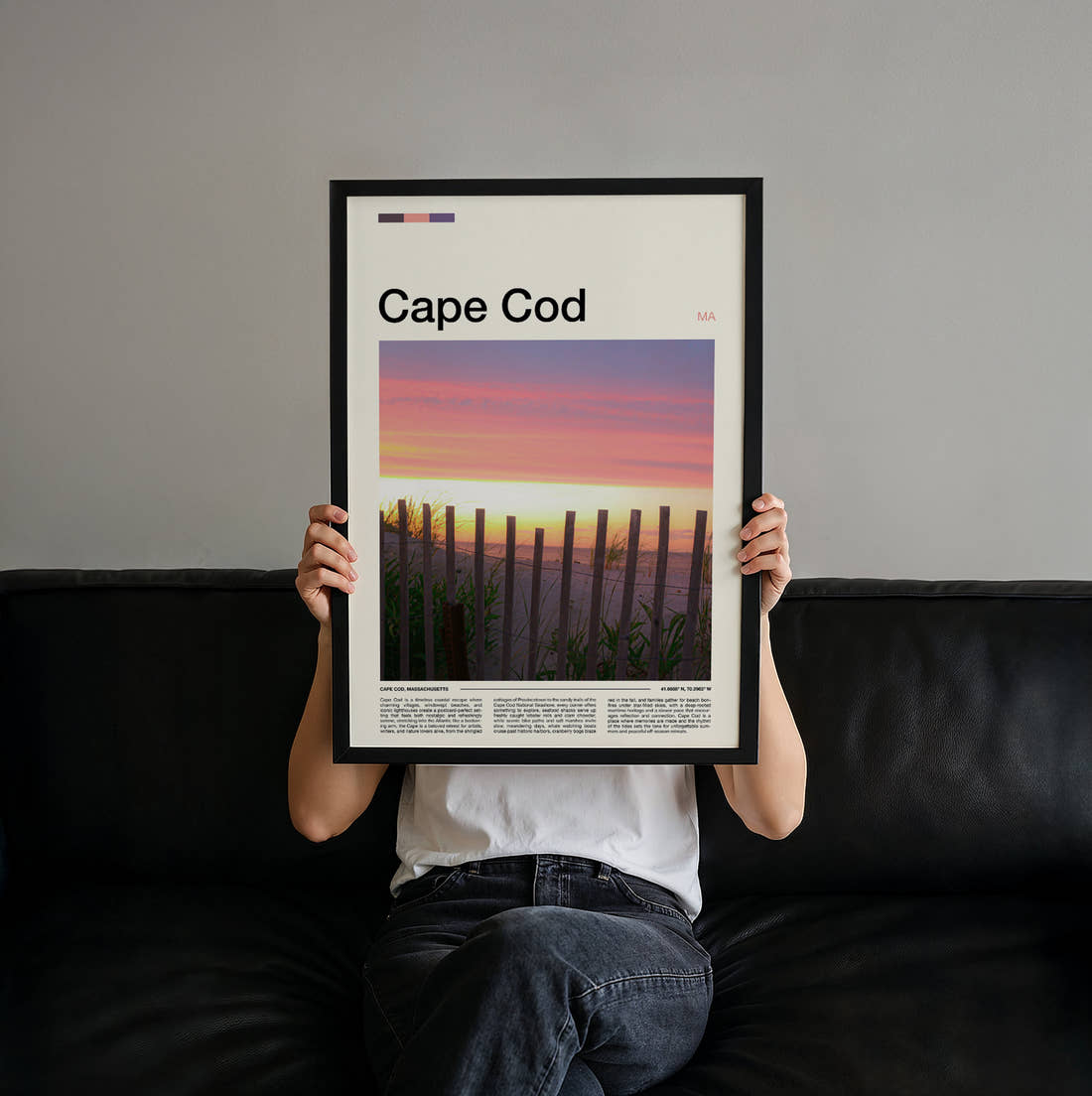 Cape Cod Beach Fence At Sunset Travel Print held up by hand to show the size of the print