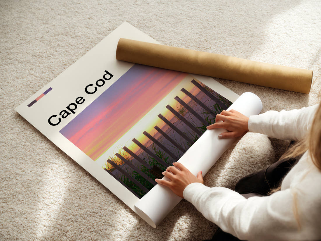 Cape Cod Beach Fence At Sunset Travel Print being unrolled from its postal tube