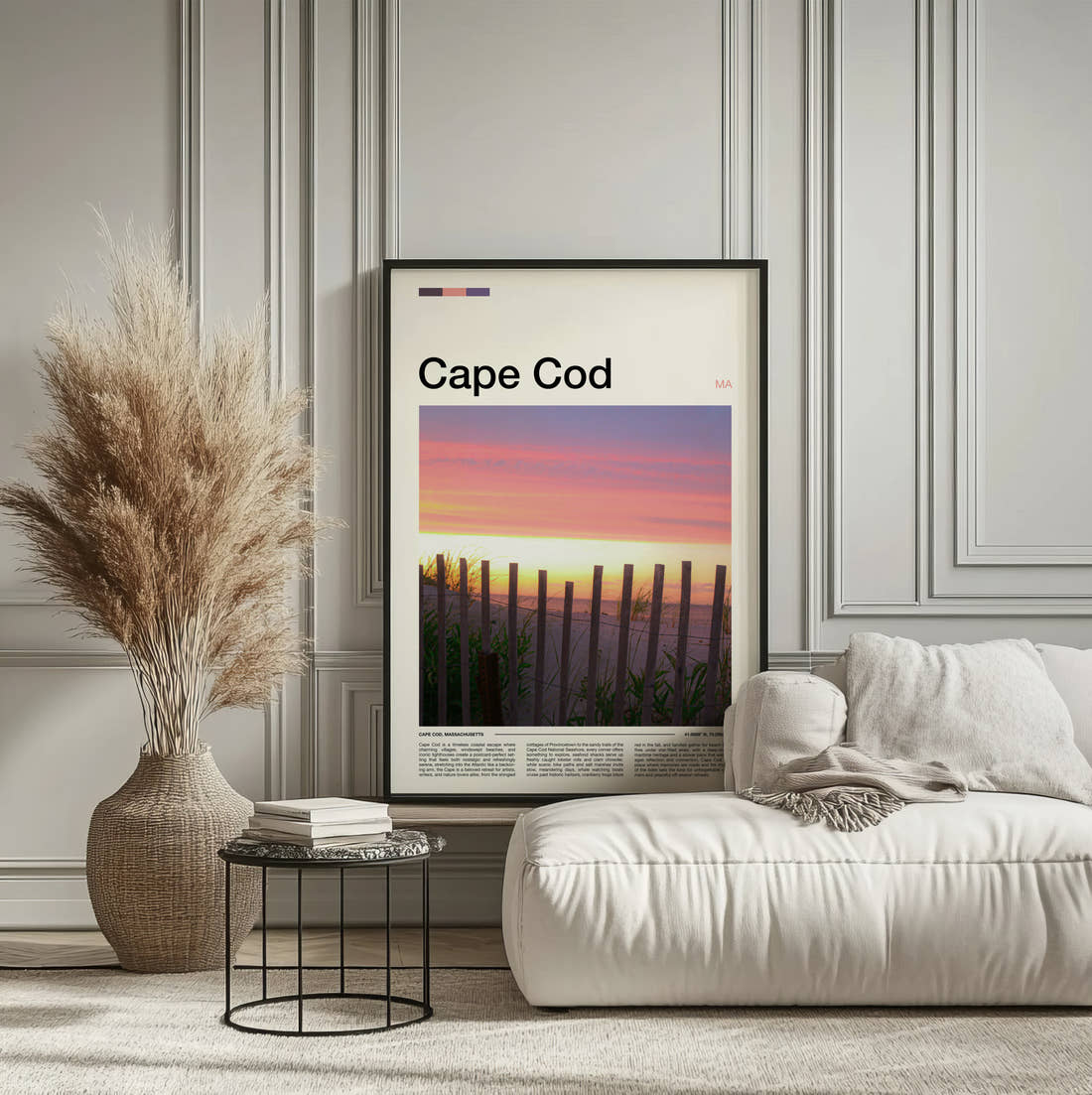 Cape Cod Beach Fence At Sunset Travel Print framed on the wall of a calm, neutral bedroom