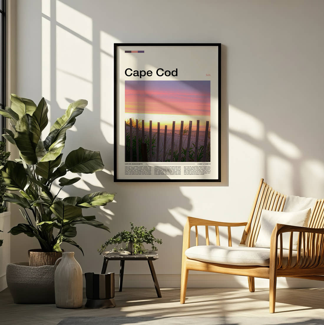 Cape Cod Beach Fence At Sunset Travel Print framed on a pale wall beside houseplants