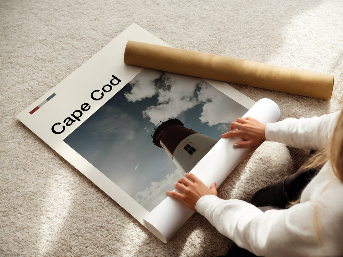Cape Cod Lighthouse Travel Print being unrolled from its postal tube