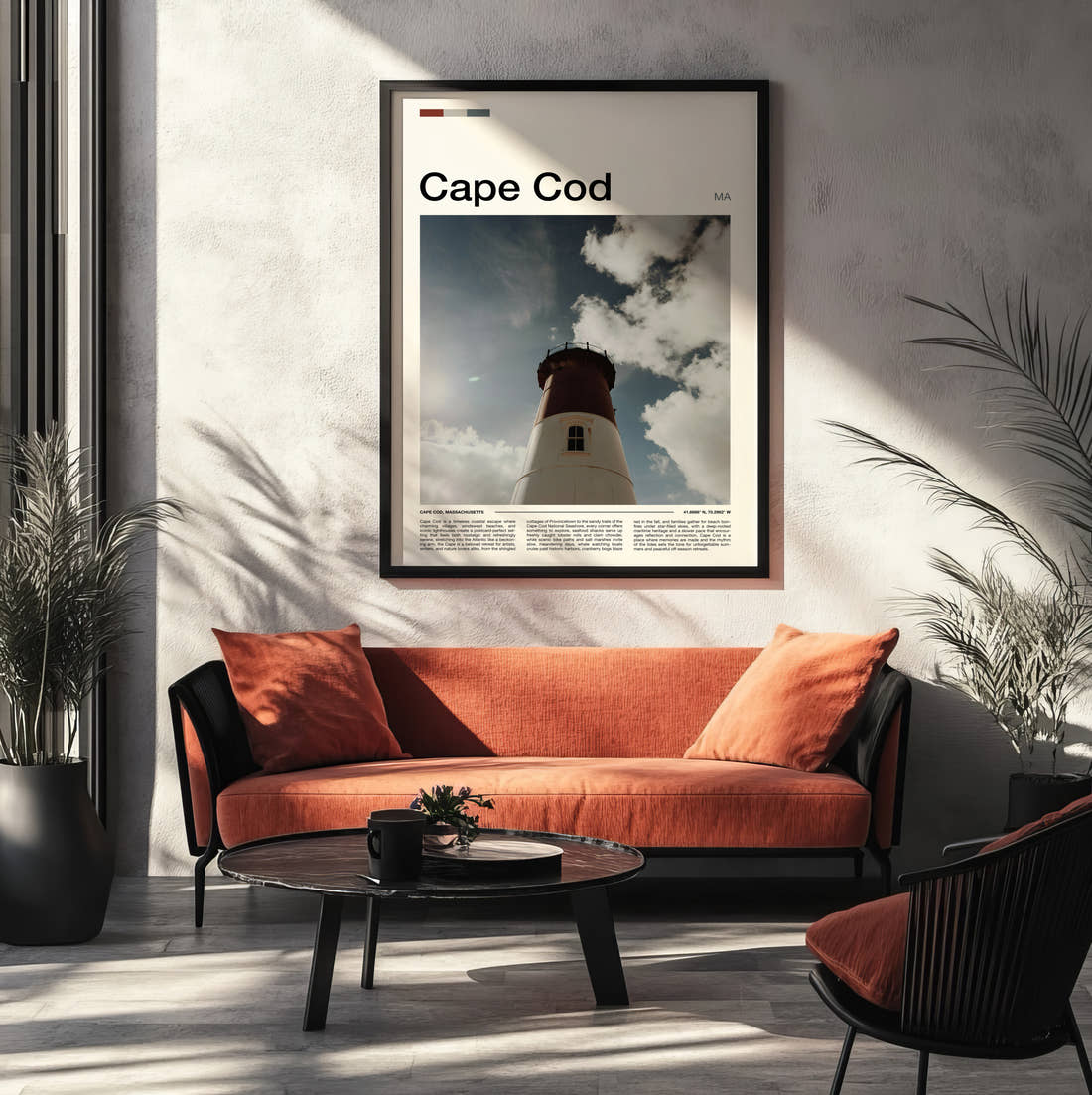 Cape Cod Lighthouse Travel Print framed on the wall of a modern living room