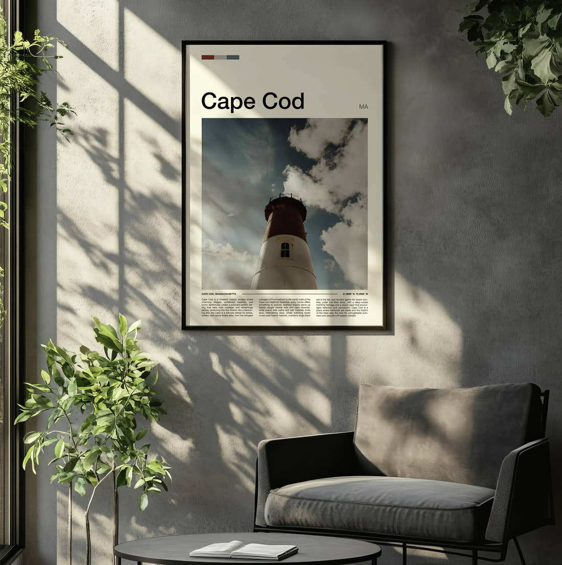 Cape Cod Lighthouse Travel Print framed on the wall of a relaxed living room