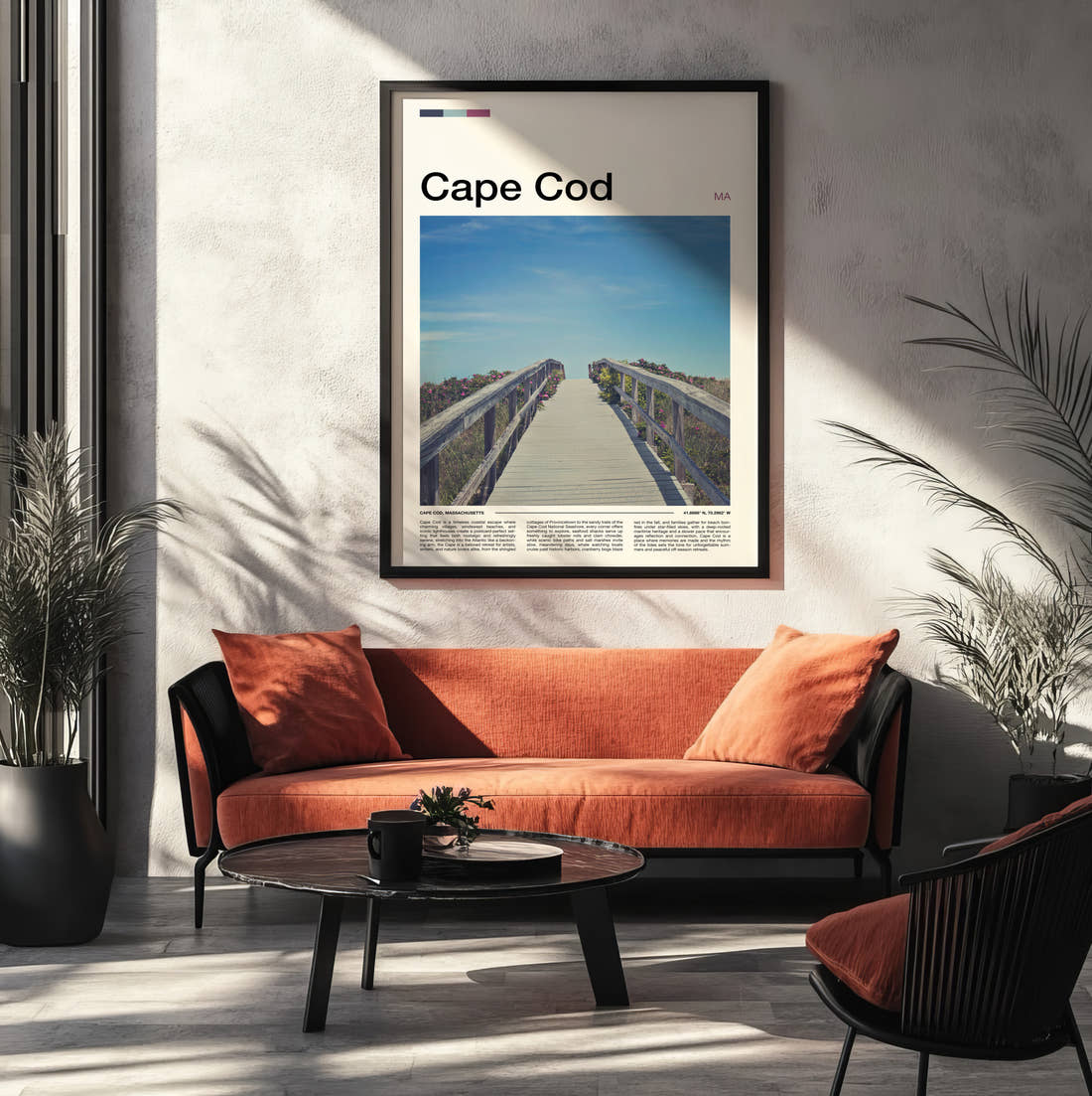 Cape Cod Boardwalk To The Beach Travel Print framed on the wall of a modern living room