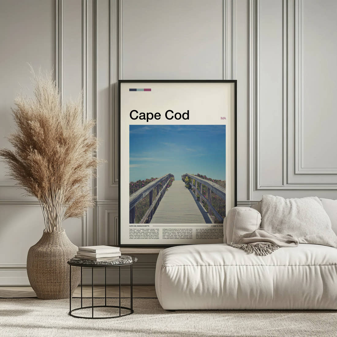 Cape Cod Boardwalk To The Beach Travel Print framed on the wall of a calm, neutral bedroom