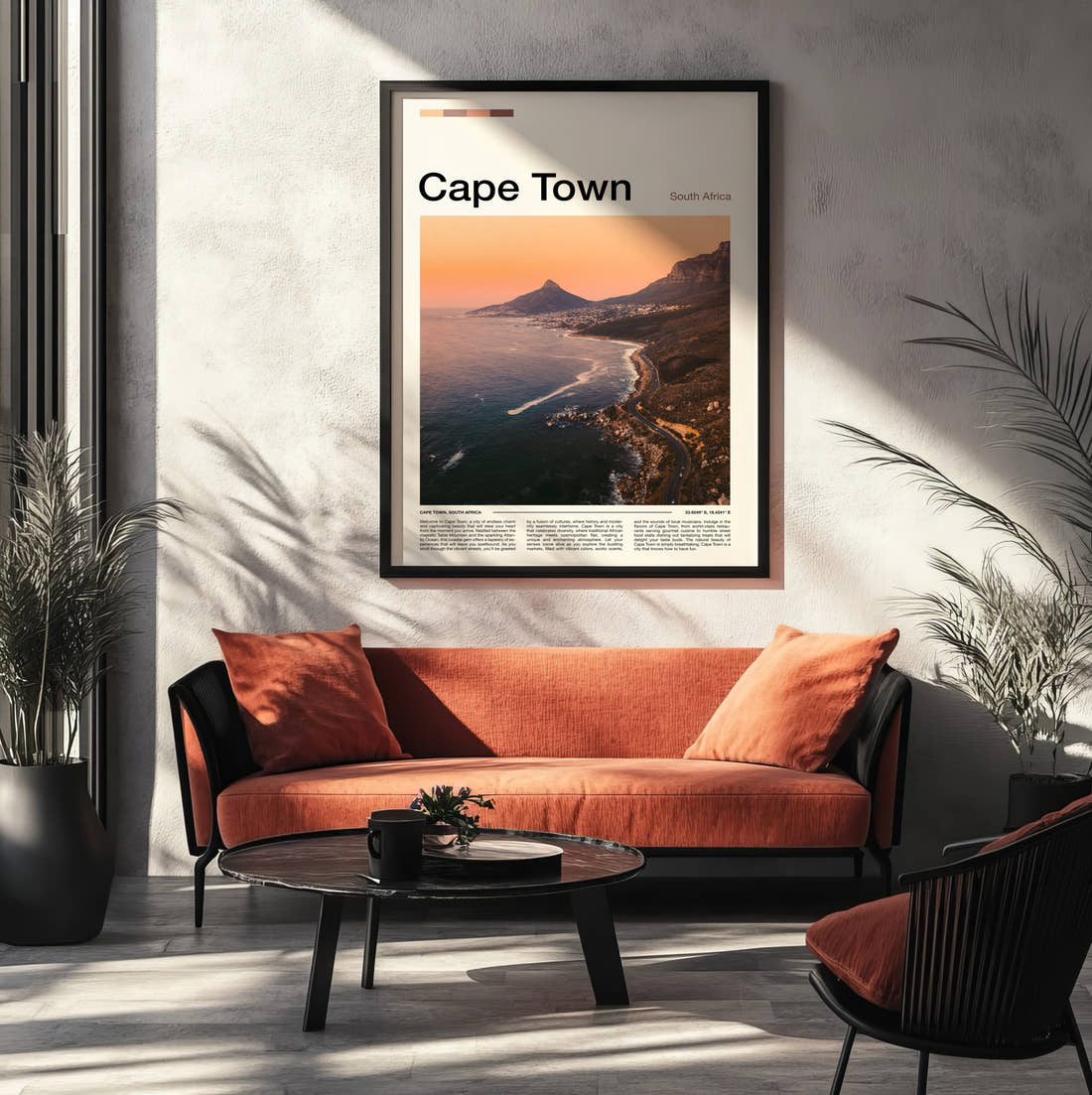 Cape Town Coastal Sunset Travel Print framed on the wall of a modern living room