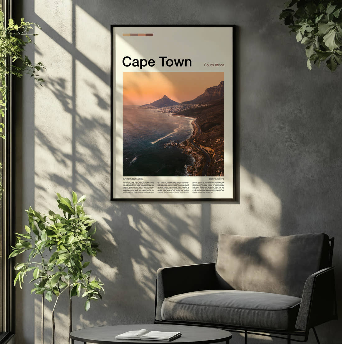 Cape Town Coastal Sunset Travel Print framed on the wall of a relaxed living room