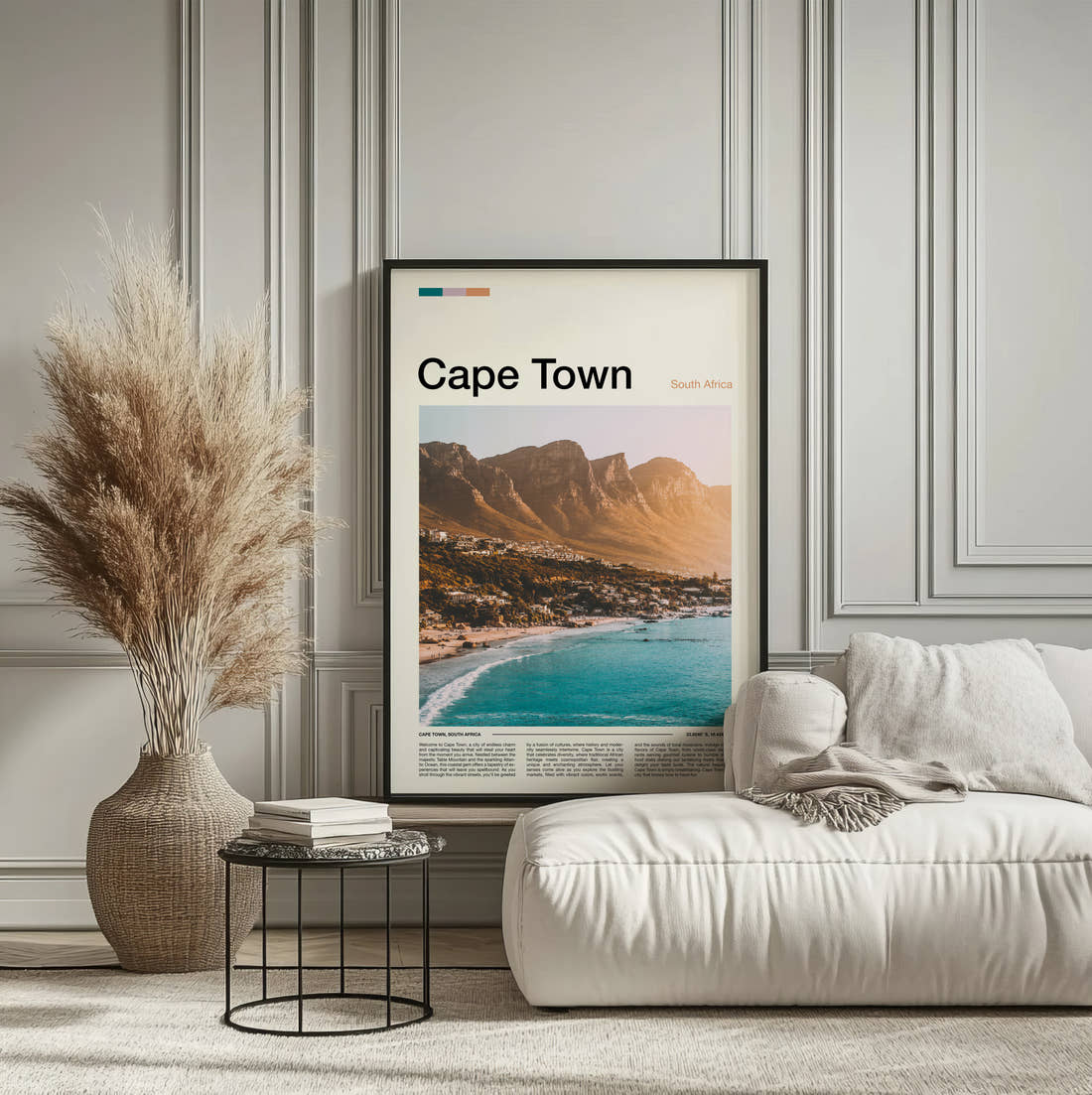 Cape Town Twelve Apostles Travel Print framed on the wall of a calm, neutral bedroom