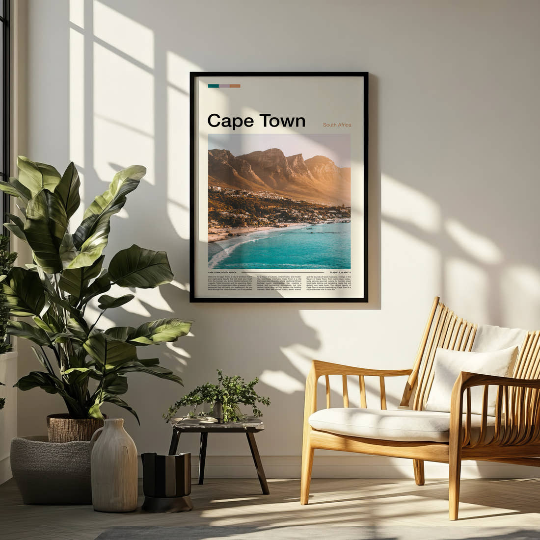Cape Town Twelve Apostles Travel Print framed on a pale wall beside houseplants