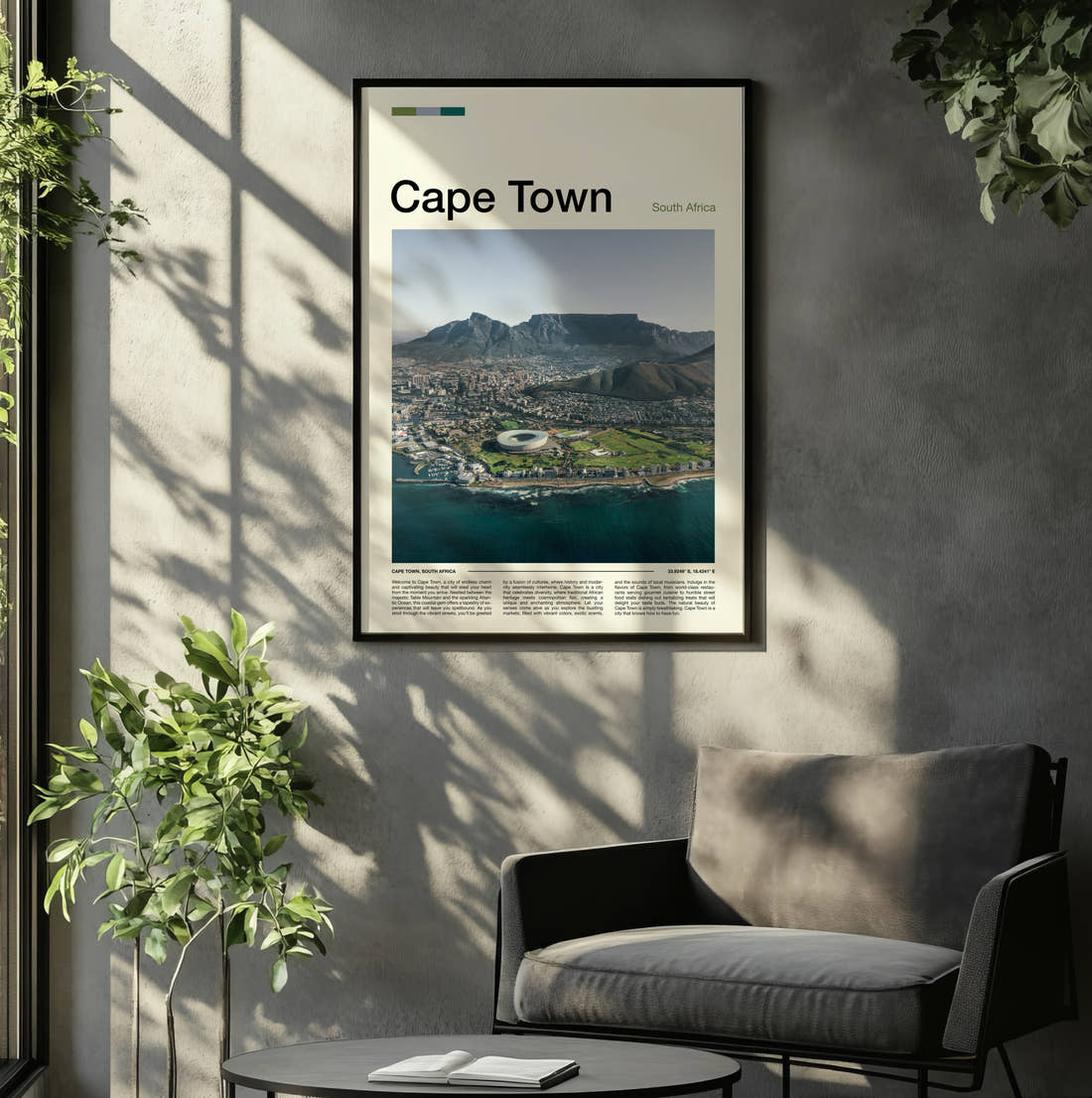 Cape Town Table Mountain Travel Print framed on the wall of a relaxed living room