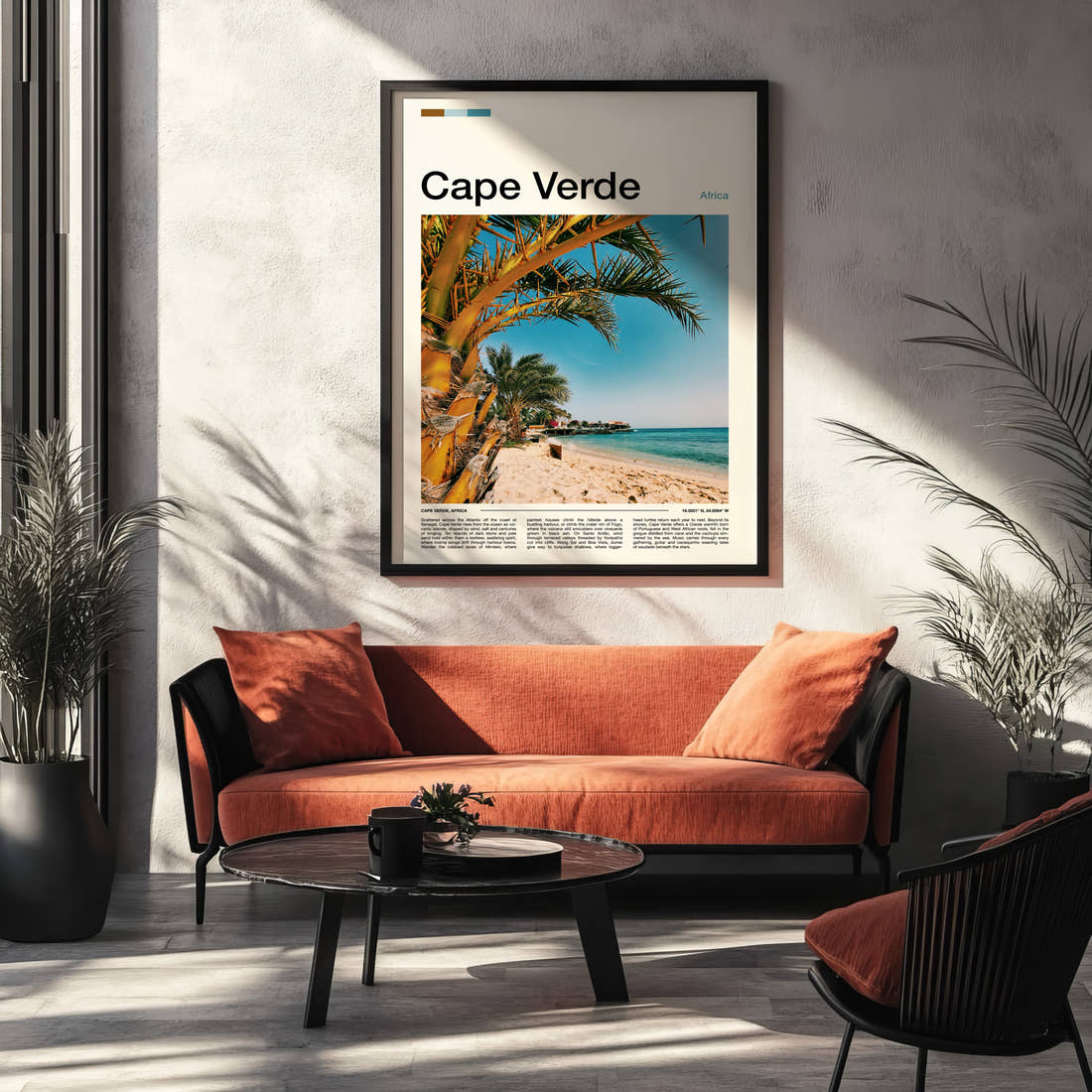 Cape Verde Palm-Fringed Beach Travel Print framed on the wall of a modern living room