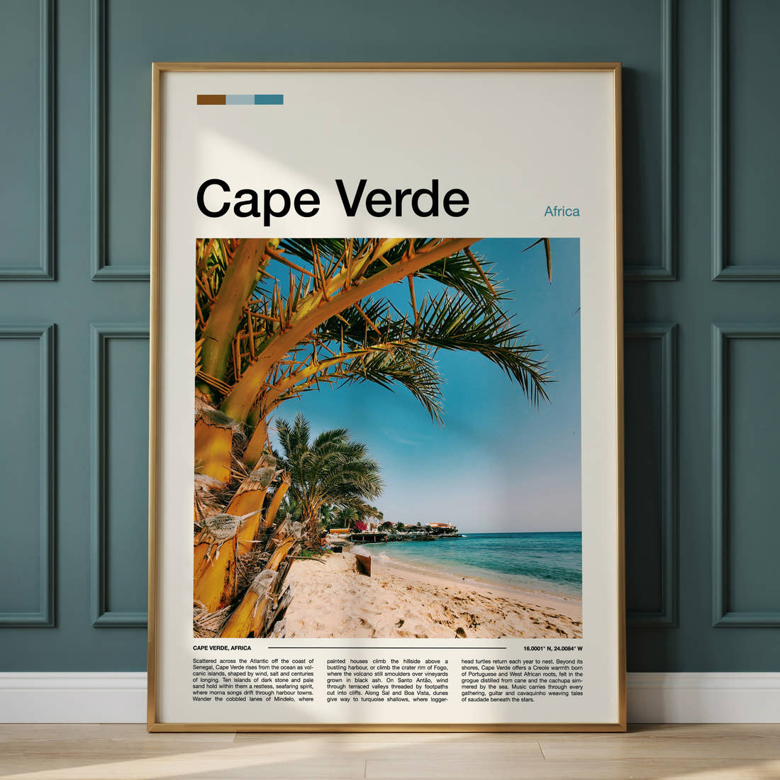 Cape Verde Palm-Fringed Beach Travel Print framed on the wall of a calm, neutral bedroom