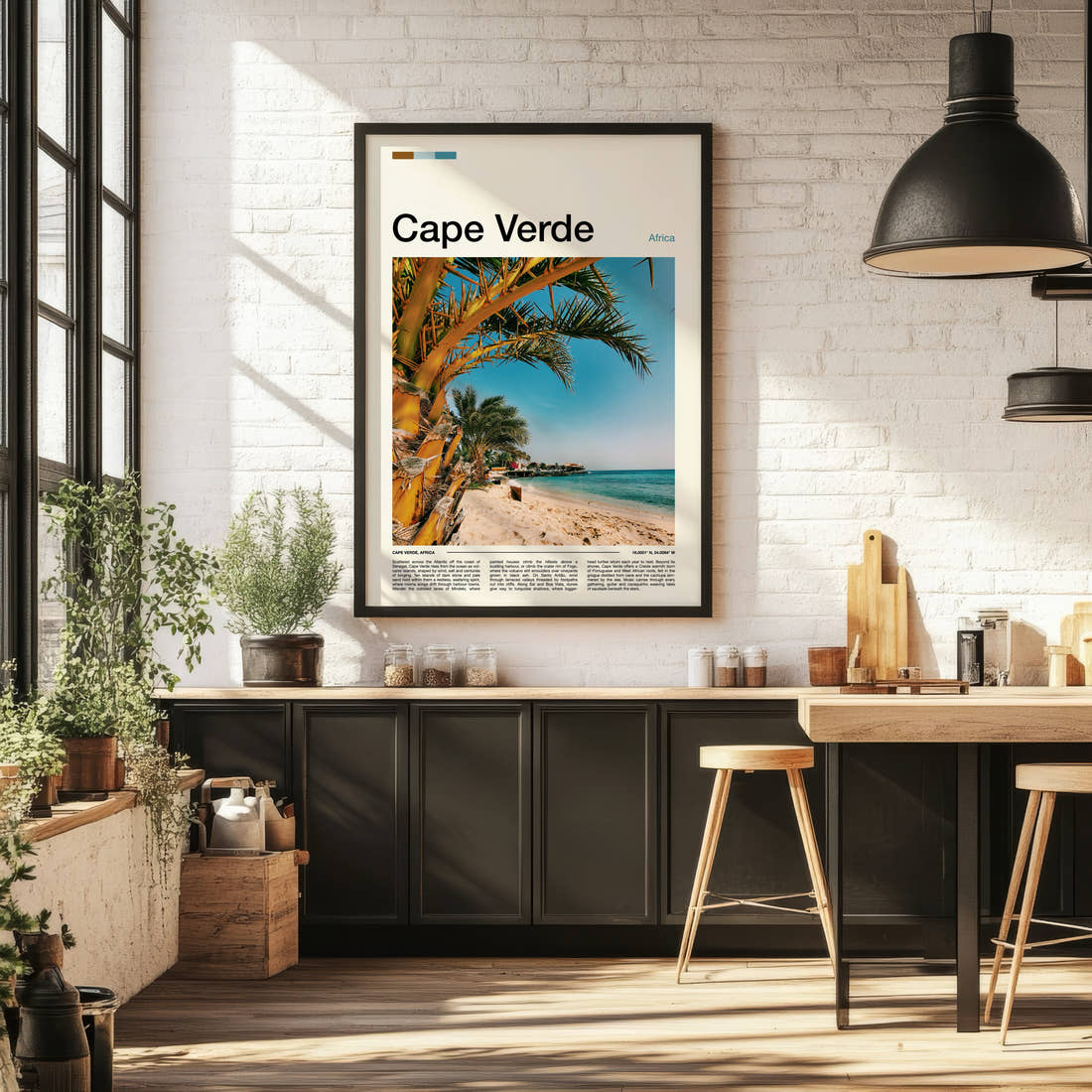 Cape Verde Palm-Fringed Beach Travel Print framed on the wall of a bright kitchen and dining space