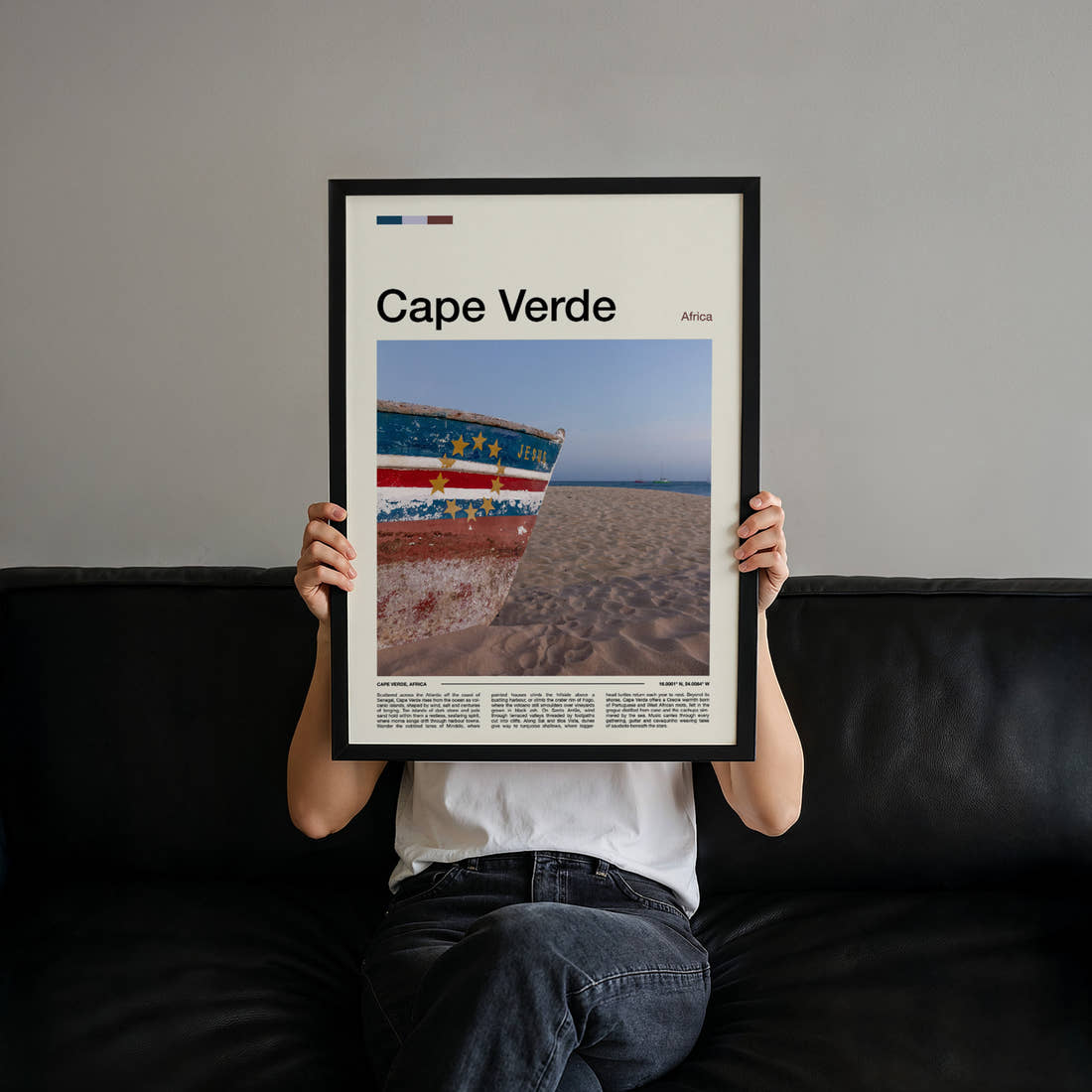 Cape Verde Weathered Fishing Boat Travel Print held up by hand to show the size of the print
