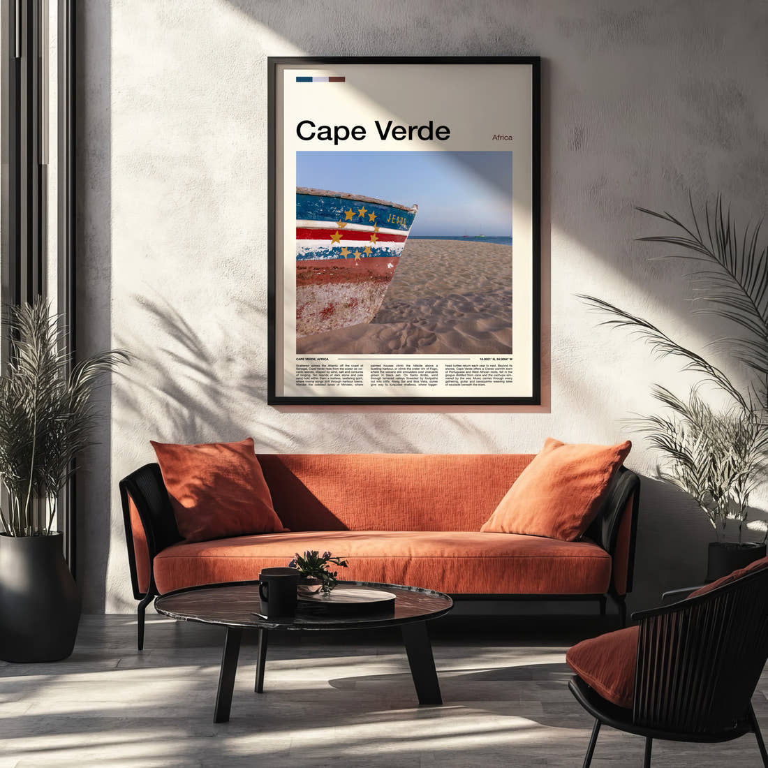 Cape Verde Weathered Fishing Boat Travel Print framed on the wall of a modern living room