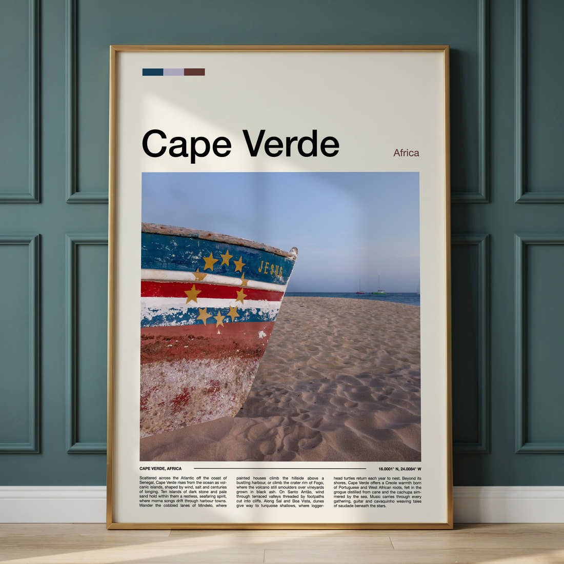 Cape Verde Weathered Fishing Boat Travel Print framed on the wall of a calm, neutral bedroom