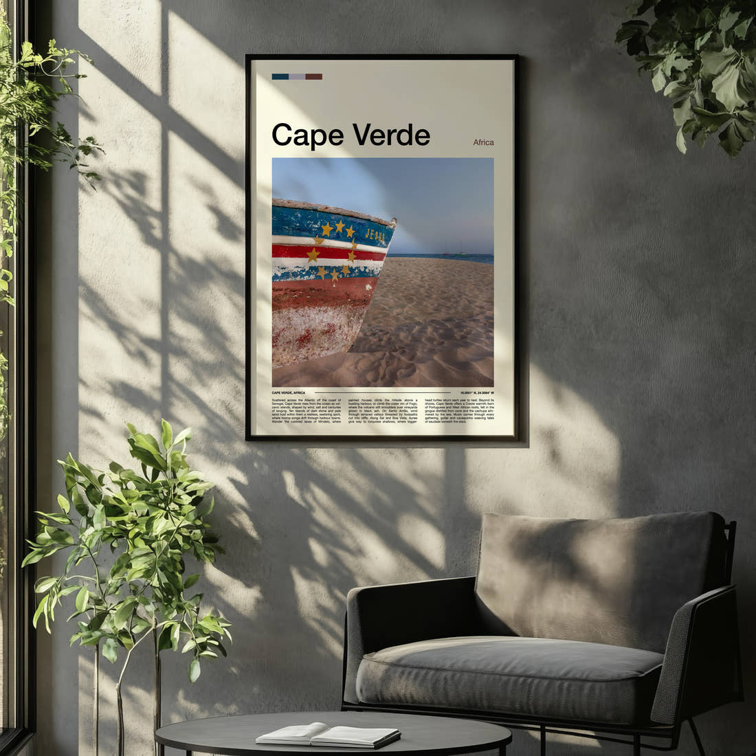 Cape Verde Weathered Fishing Boat Travel Print framed on the wall of a relaxed living room