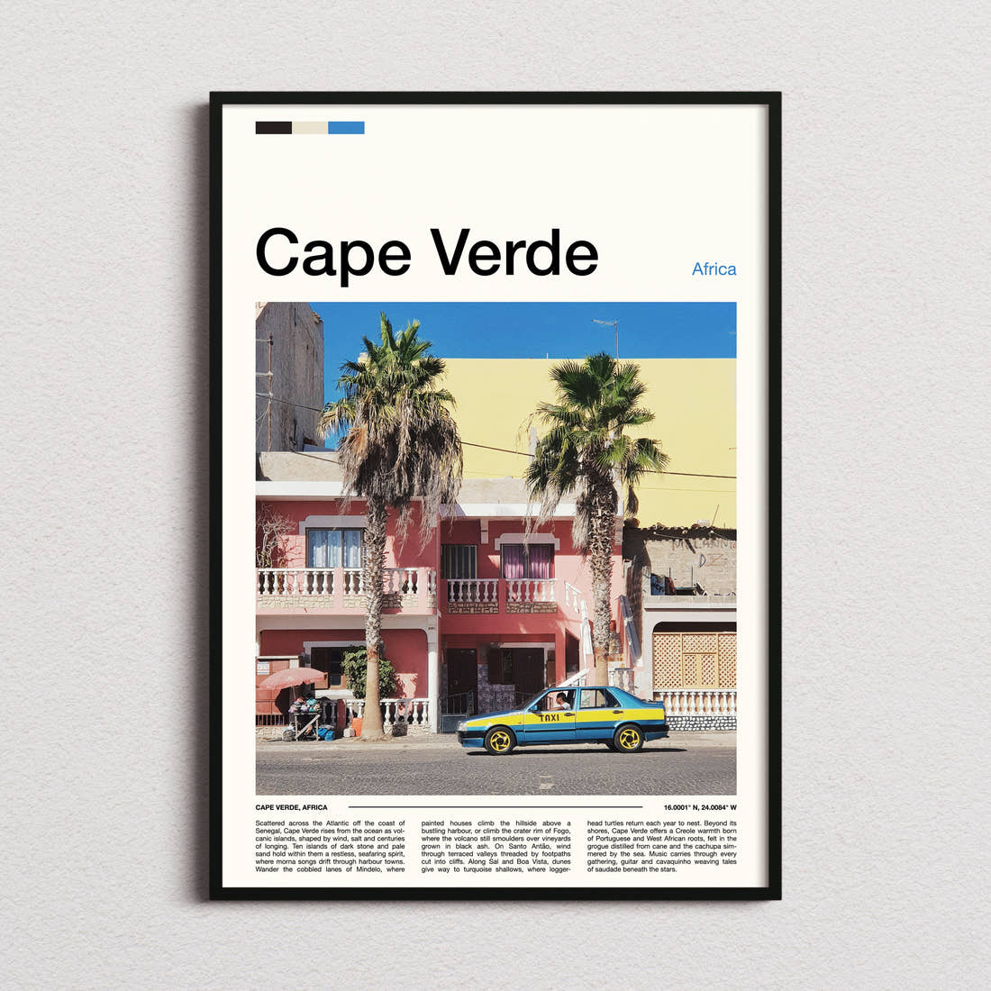 Cape Verde Colourful Harbour Taxi Travel Print framed and photographed straight on